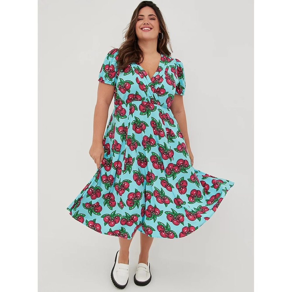Torrid Betsey Johnson Dress Womens 22 Blue Cherry Surplice Midi Retro Rockabilly